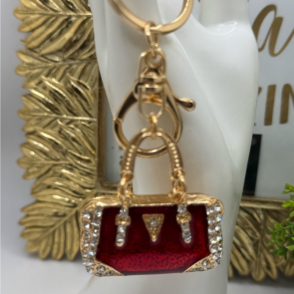 Handbag Shaped Purse Charm Keychain Red and Gold - Picture 2 of 4